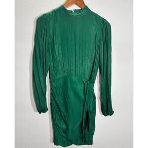 Zara Green Long Sleeve Midi Dress Tie Waist Pleated Mock Neck Size S